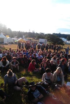 How many festival volunteers can you get to walk up a hill at one time 