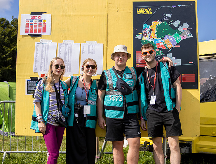 Event Jobs and Work - Hotbox Events - Marshal group smiling with campsite sign 2022-001 740x564Px72Dpi