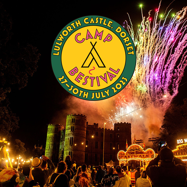 Jobs and Volunteering at Camp Bestival Dorset with Hotbox Events - Castle Fireworks photo with festival logo - v2023001 740PxSq72Dpi
