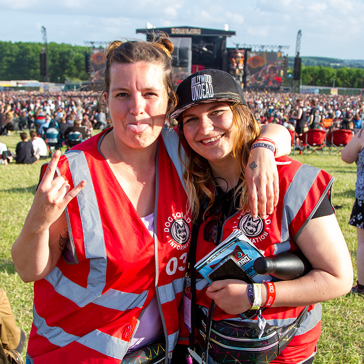 Volunteer at Download Festival with Hotbox Events - Volunteers smiling in main arena v2023001 740PxSq72Dpi