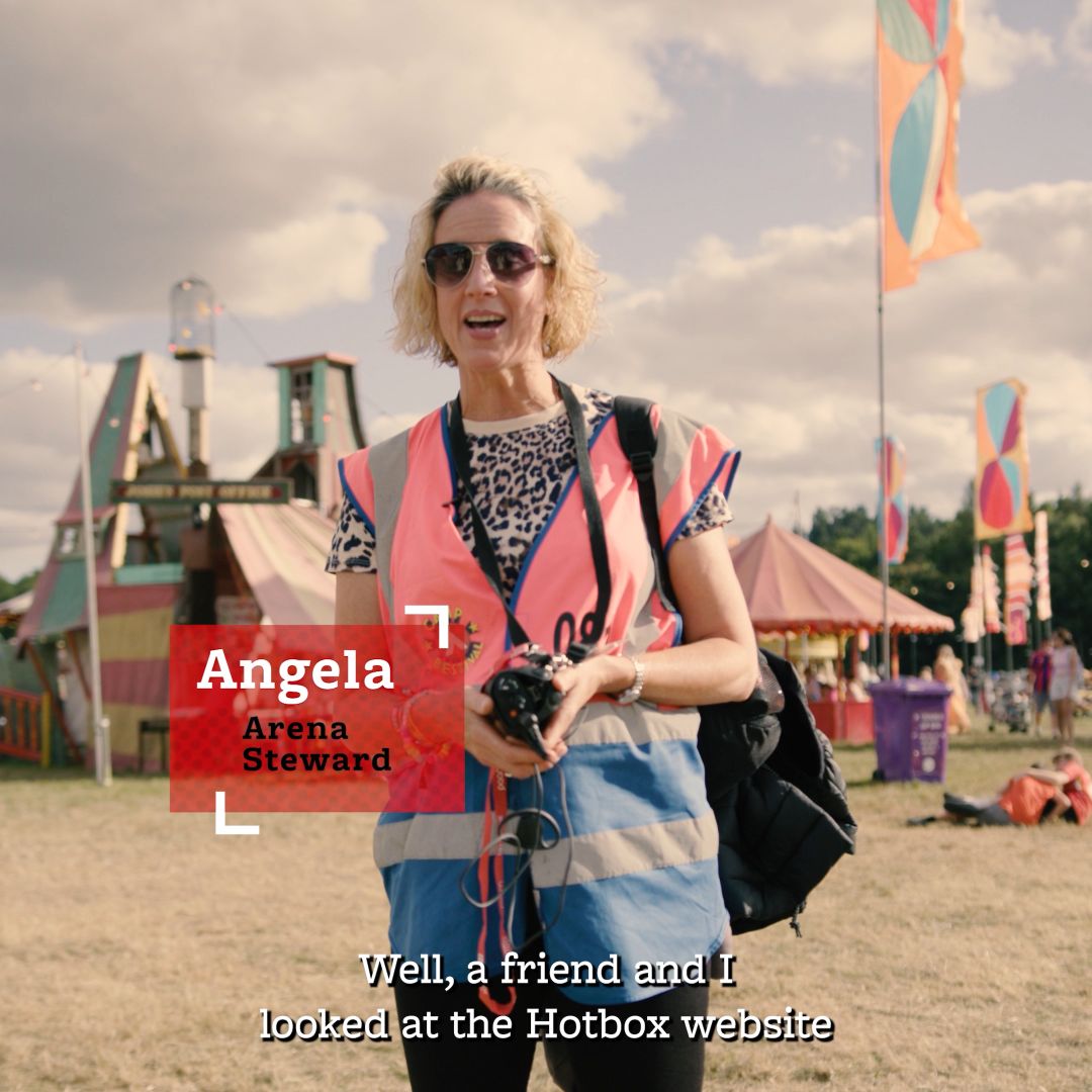 Angela an Arena Steward volunteering with Hotbox Events at Camp Bestival!