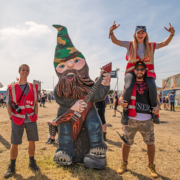 Volunteer at Download Festival 2022 with Hotbox Events - Village volunteers with rocking gnome - 2022-001 740PxSq72Dpi